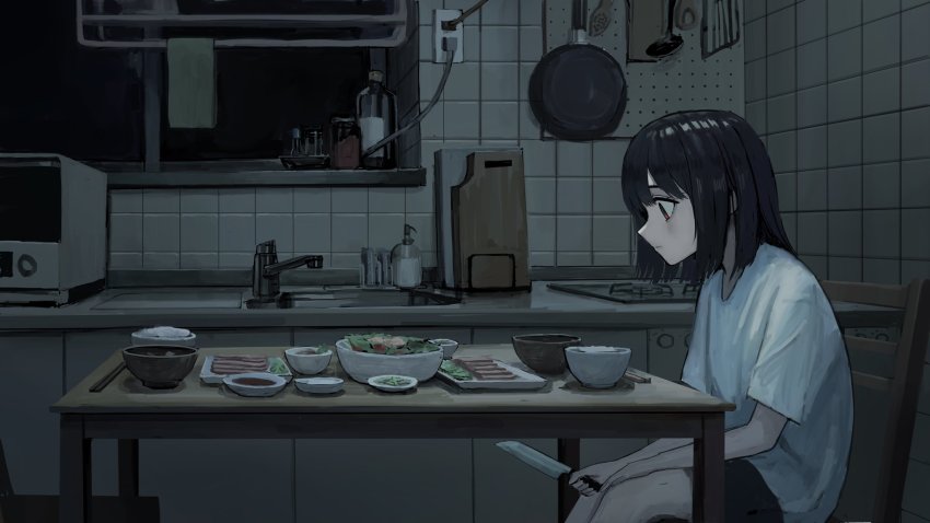 1girl, black_hair, bottle, bowl, cable, chair, chopsticks, closed_mouth, counter, cutting_board, electrical_outlet, expressionless, food, from_side, frying_pan, grey_skirt, highres, holding, holding_knife, hot_plate, kitchen, knife, looking_at_food, medium_hair, microwave, on_chair, original, plate, profile, red_eyes, rice_bowl, sakiika0513, salad, shirt, short_sleeves, sink, sitting, skirt, soap_dispenser, solo, soup_ladle, sushi, table, white_shirt