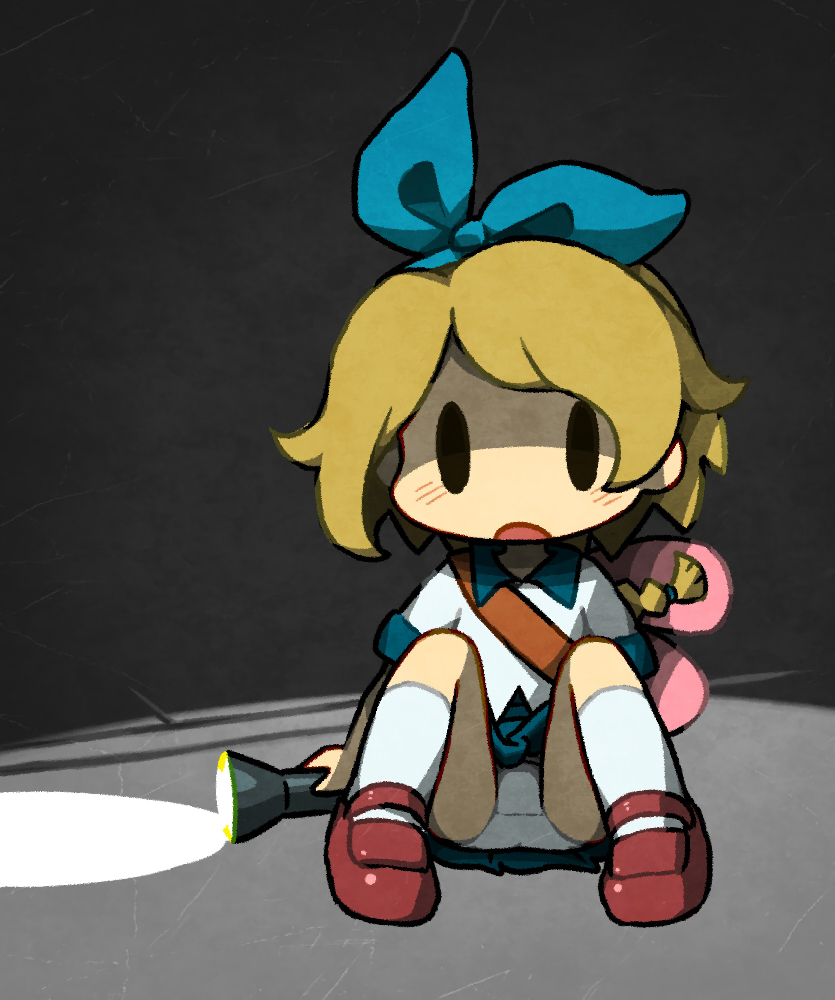 1girl, animal_bag, bag, blue_ribbon, blush, collared_shirt, flashlight, full_body
