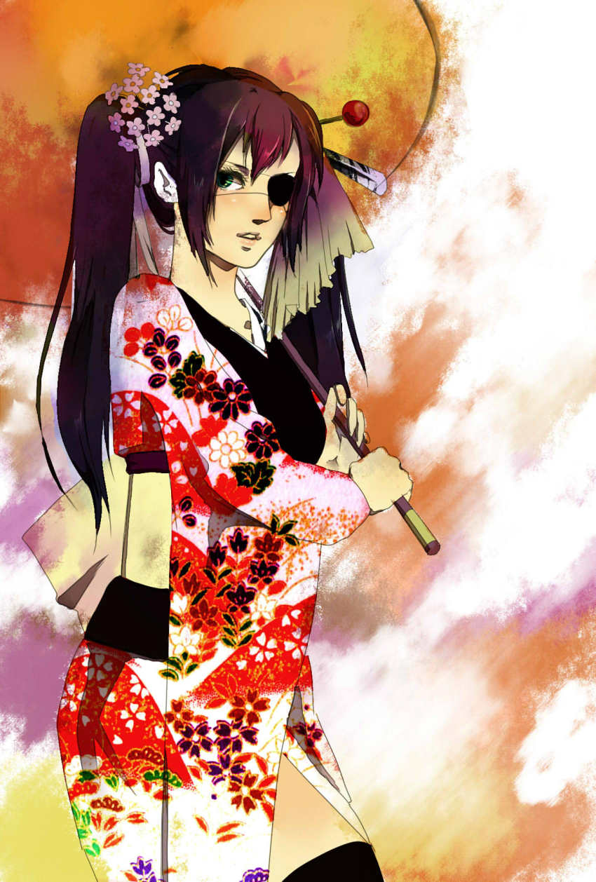 bad_id, bad_pixiv_id, black_thighhighs, eyepatch, gintama, highres, japanese_clothes, kimono, mida_(hakurara), parasol, solo, standing, thighhighs, twintails, umbrella, yagyuu_kyuubei