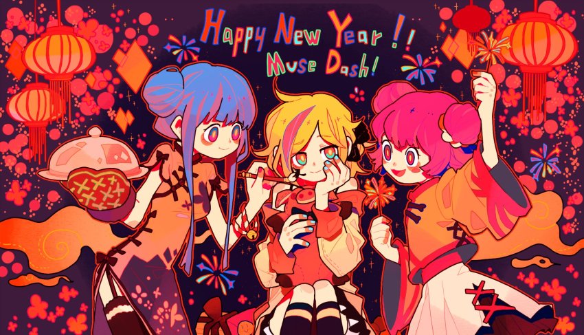 3girls, :d, alternate_costume, bell, black_thighhighs, blonde_hair, blue_eyes, blue_hair