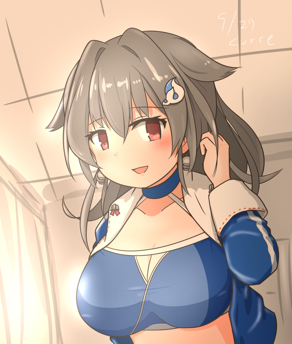 1girl, badge, bandeau, black_hair, blue_bandeau, blue_choker, blue_jacket, blush