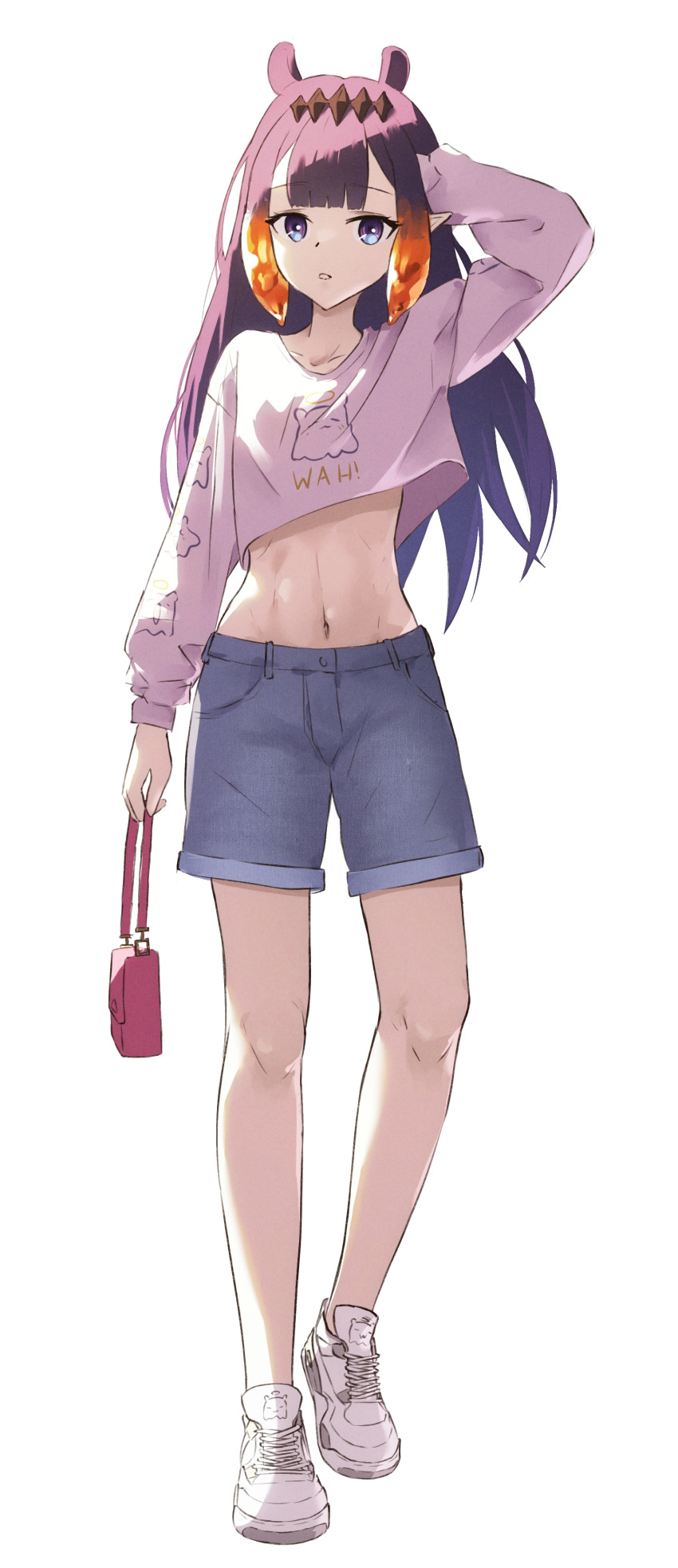 1girl, absurdres, bag, blue_eyes, blue_shorts, casual, commentary, cropped_shirt