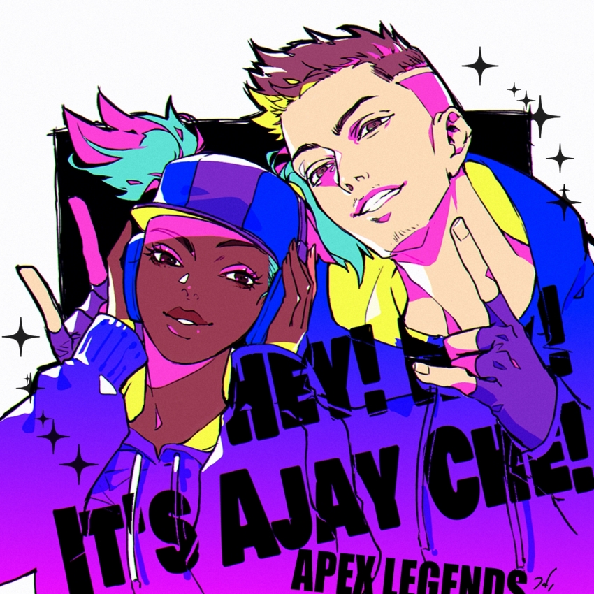 1boy, 1girl, \n/, apex_legends, black_gloves, blue_hair, brown_eyes, brown_hair, dark-skinned_female, dark_skin, eyeshadow, fingerless_gloves, gloves, hands_on_headphones, head_tilt, headphones, highres, hood, hoodie, lifeline_(apex_legends), looking_up, makeup, mischief_medic_lifeline, octane_(apex_legends), official_alternate_costume, parted_lips, pink_eyeshadow, purple_hoodie, sentinel_ga_koku_ni_aru, smile, twintails, undercut