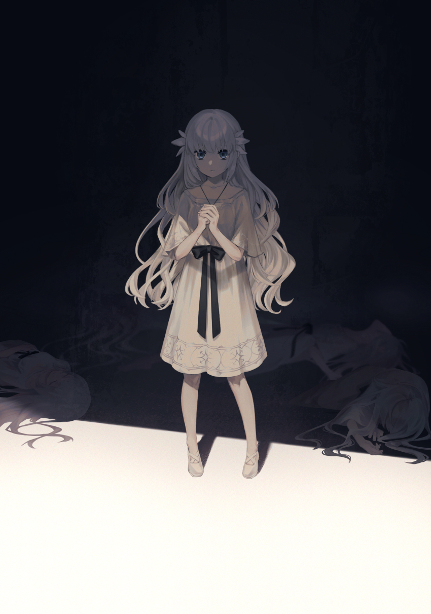 4girls, absurdres, anui, black_ribbon, blue_eyes, clone, closed_eyes, dress, ender_lilies_quietus_of_the_knights, expressionless, full_body, hair_ornament, highres, jewelry, light, lily_(ender_lilies), long_hair, looking_at_viewer, lying, multiple_girls, necklace, own_hands_together, ribbon, shadow, standing, white_dress, white_footwear, white_hair