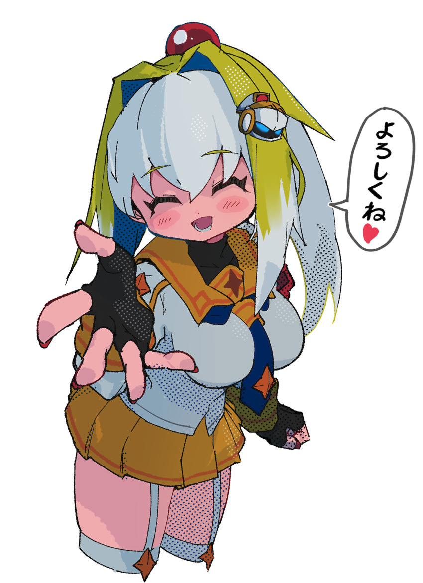 1girl, :d, ^_^, black_gloves, blue_hair, blue_necktie, bombergirl, bomberman