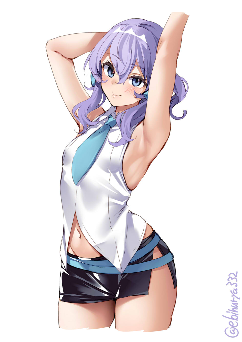 1girl, armpits, arms_up, blue_eyes, blush, breasts, cowboy_shot, cropped_arms