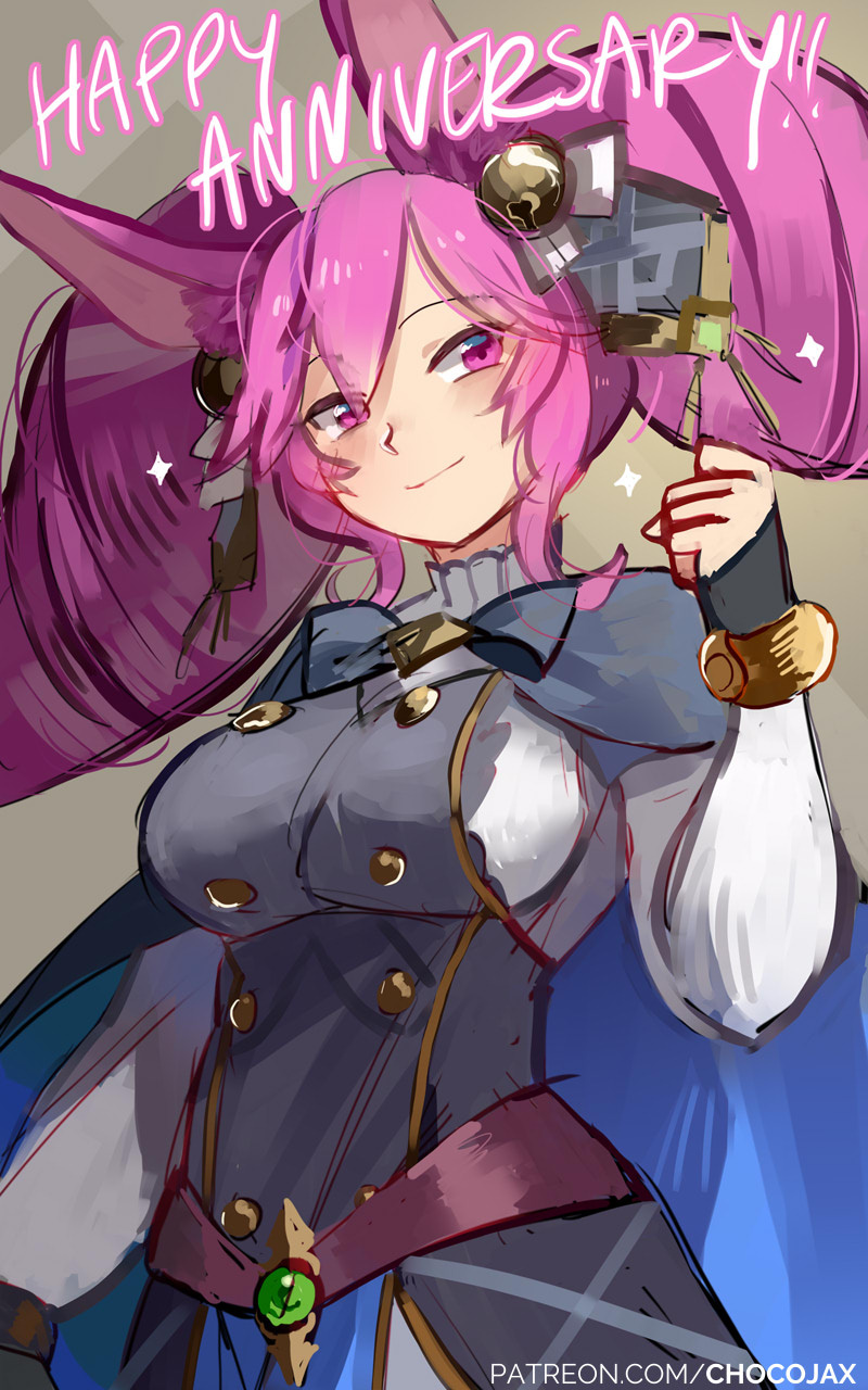 1girl, animal_ears, anniversary, bell, belt, big_hair, cape, chocojax, clenched_hand, cleo_(dragalia_lost), cleo_(gala)_(dragalia_lost), dragalia_lost, hair_bell, hair_ornament, highres, long_hair, long_sleeves, patreon_username, pink_eyes, pink_hair, rabbit_ears, smile, solo, twintails, upper_body