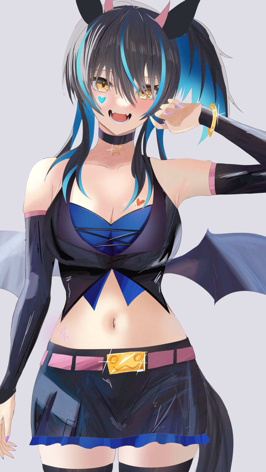 1girl, absurdres, alternate_costume, animal_ears, black_gloves, black_hair, black_skirt, blue_hair