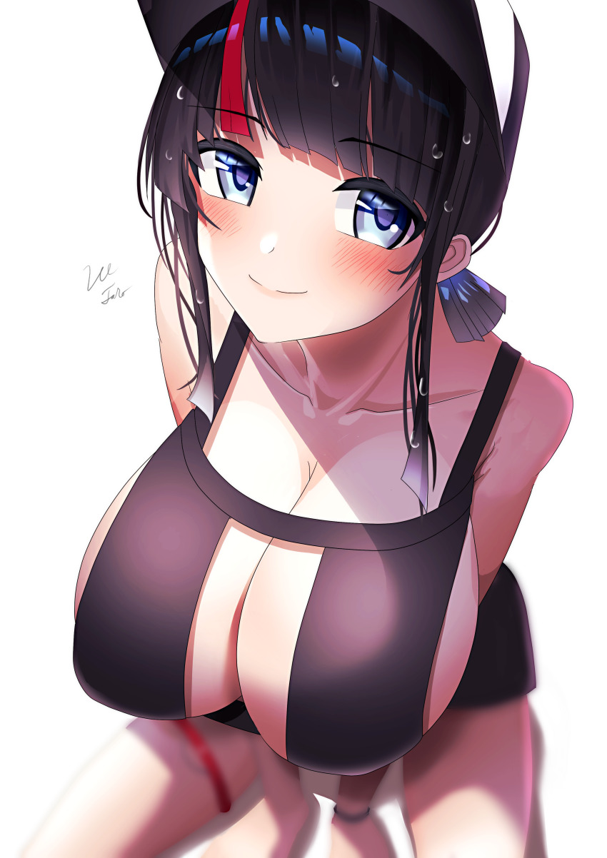 1girl, absurdres, bare_shoulders, baseball_cap, between_legs, bikini, black_bikini, black_hair