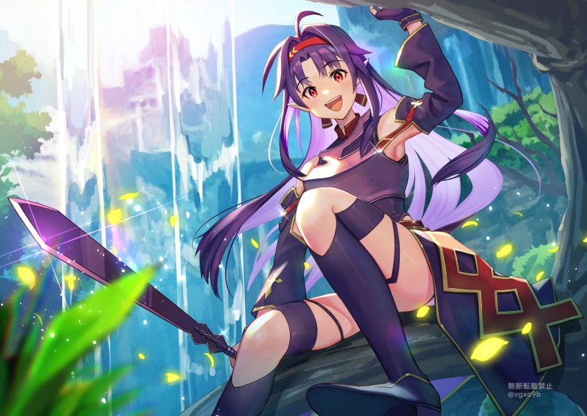1girl, absurdres, ahoge, armor, armpits, blurry, blush, breastplate, depth_of_field, detached_sleeves, hair_intakes, hairband, highres, in_tree, light_blush, long_hair, looking_at_viewer, obsidian_slasher, petals, purple_armor, purple_hair, purple_skirt, purple_thighhighs, red_eyes, red_hairband, single_thighhigh, sitting, sitting_in_tree, skirt, smile, solo, sword, sword_art_online, thighhighs, thighs, tree, twitter_username, very_long_hair, water, waterfall, weapon, yappo_(point71), yuuki_(sao)