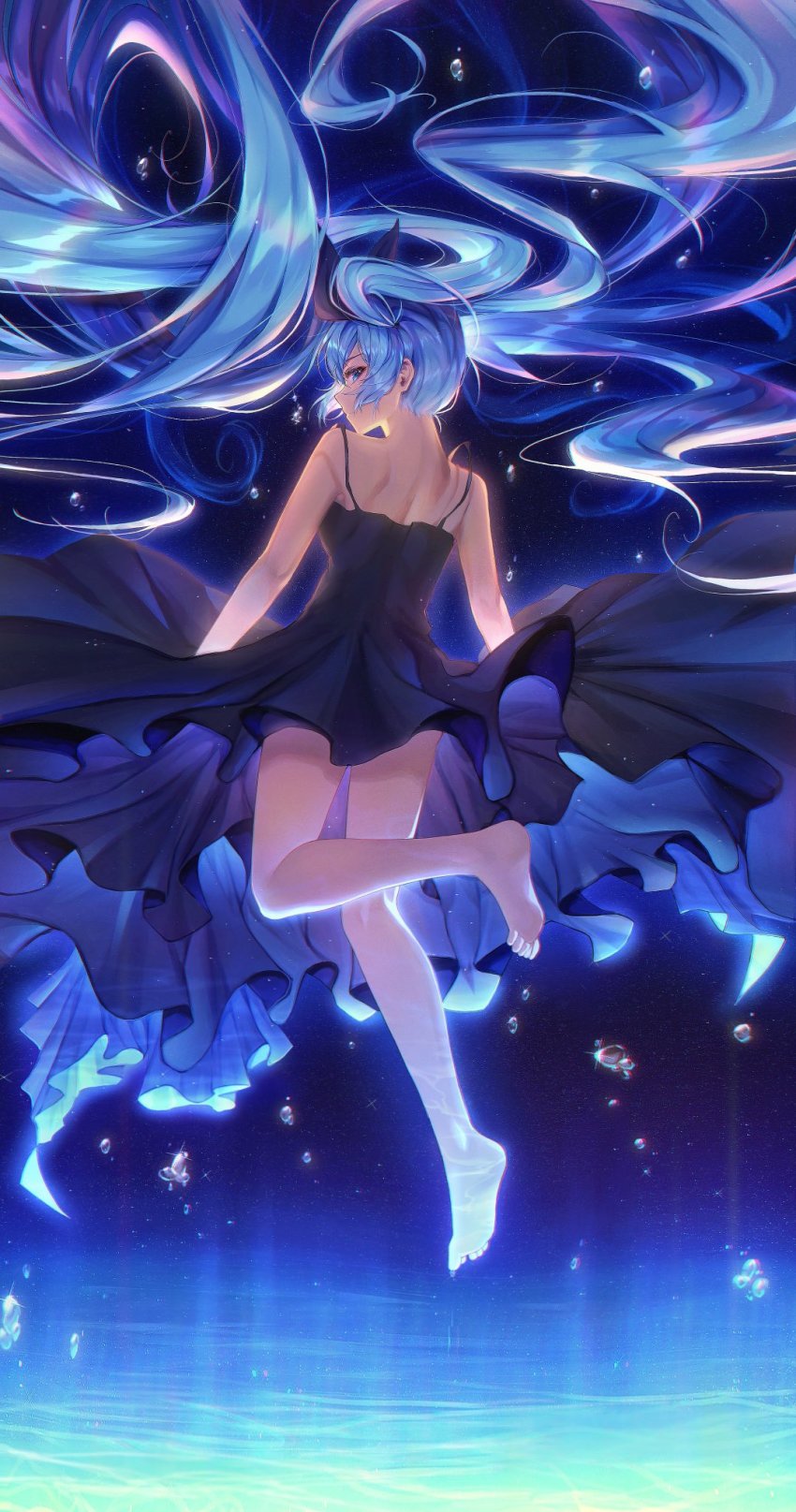 1girl, absurdly_long_hair, air_bubble, aqua_eyes, aqua_hair, bare_legs, bare_shoulders, black_bow