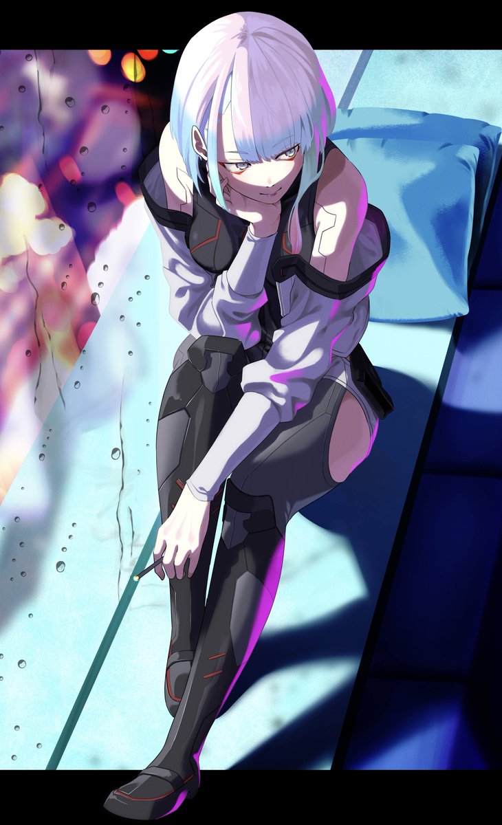 1girl, bare_shoulders, black_bodysuit, bodysuit, breasts, cigarette, clothing_cutout, cyberpunk:_edgerunners