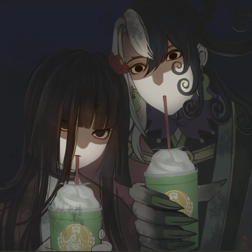 1boy, 1girl, ashiya_douman_(fate), black_eyes, black_hair, cup, dark, disposable_cup, drinking_straw, fate/grand_order, fate_(series), fingernails, flower, green_nails, hair_flower, hair_ornament, highres, long_hair, multicolored_hair, nail_polish, sen_no_rikyu_(fate), sharp_fingernails, split-color_hair, ushijiya, white_hair
