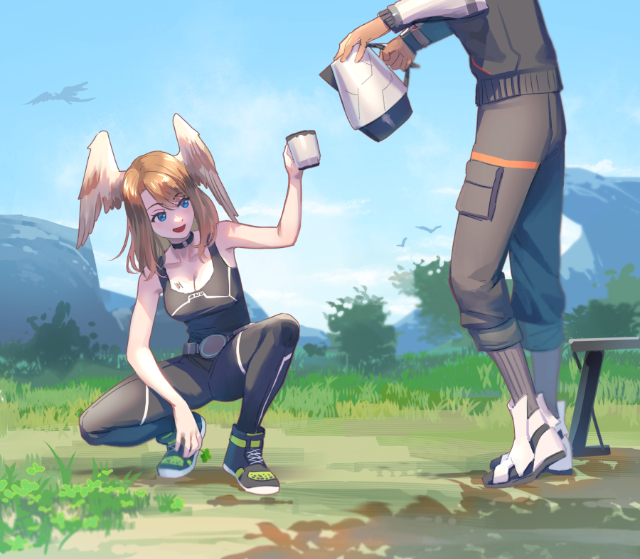 1boy, 1girl, belt, bird, blue_eyes, bodysuit, breasts, brown_hair, choker, cleavage, clover, cup, eunie_(xenoblade), four-leaf_clover, head_out_of_frame, head_wings, heavelle, holding, holding_cup, mug, squatting, taion_(xenoblade), teapot, wings, xenoblade_chronicles_(series), xenoblade_chronicles_3