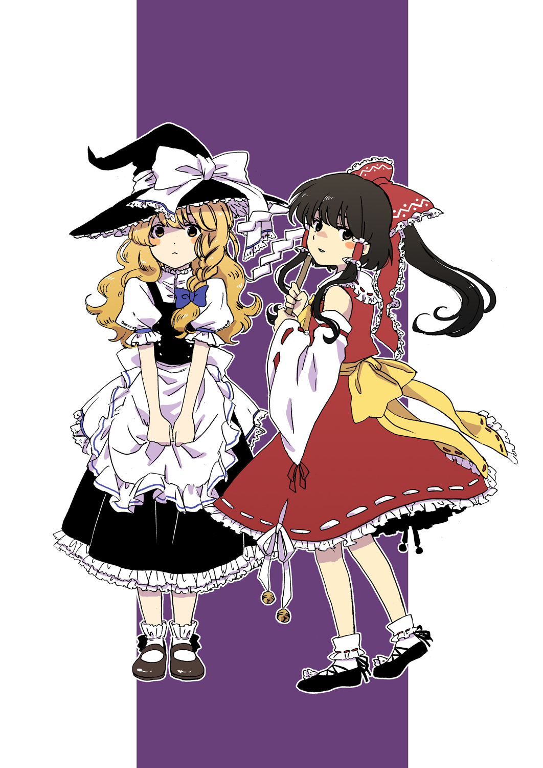 2girls, apron, ballet_slippers, bell, blonde_hair, blush_stickers, bobby_socks, bow