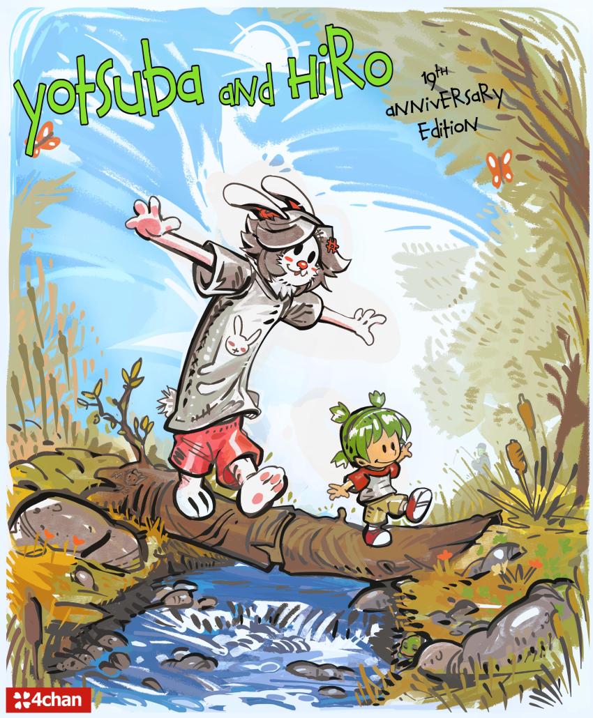 1girl, 1other, 4chan, :3, absurdres, anniversary, balancing, barefoot, book_cover_redraw, bug, butterfly, calvin_&amp;_hobbes, cattail, child, day, derivative_work, english_text, flower, full_body, grass, green_hair, grey_hair, hair_flower, hair_ornament, highres, insect, koiwai_yotsuba, looking_ahead, nature, nishimura_hiroyuki, outdoors, pants, parody, pawpads, plant, rabbit_boy, rabbit_ears, rabbit_tail, ramenwarwok, river, rock, shirt, shoes, short_twintails, sky, smile, socks, soles, style_parody, title_parody, tree, tree_trunk_bridge, twintails, walking, water, western_comics_(style), yotsubato!