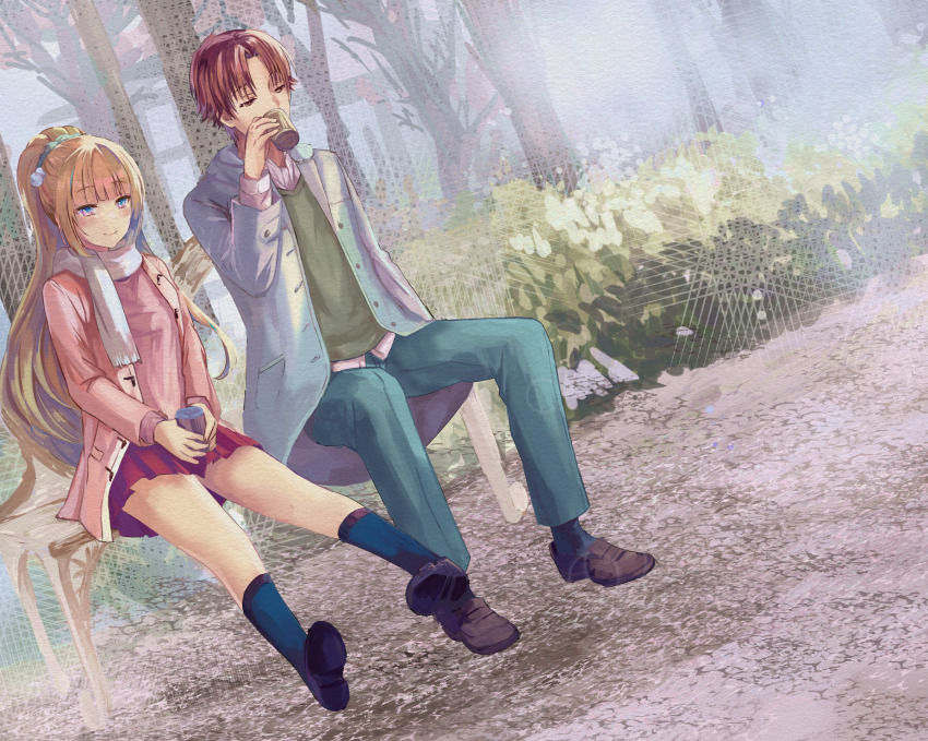 1boy, 1girl, aqua_scrunchie, ayanokouji_kiyotaka, bench, blonde_hair, blunt_bangs, brown_eyes