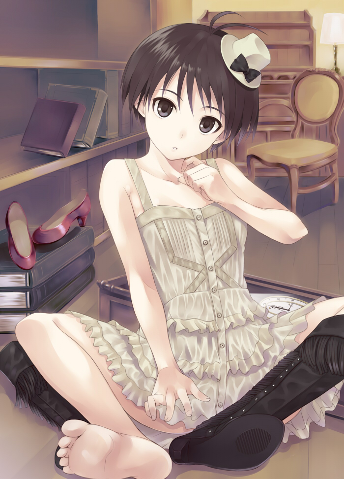 1girl, :o, antenna_hair, bare_shoulders, barefoot, black_eyes, boots, bow