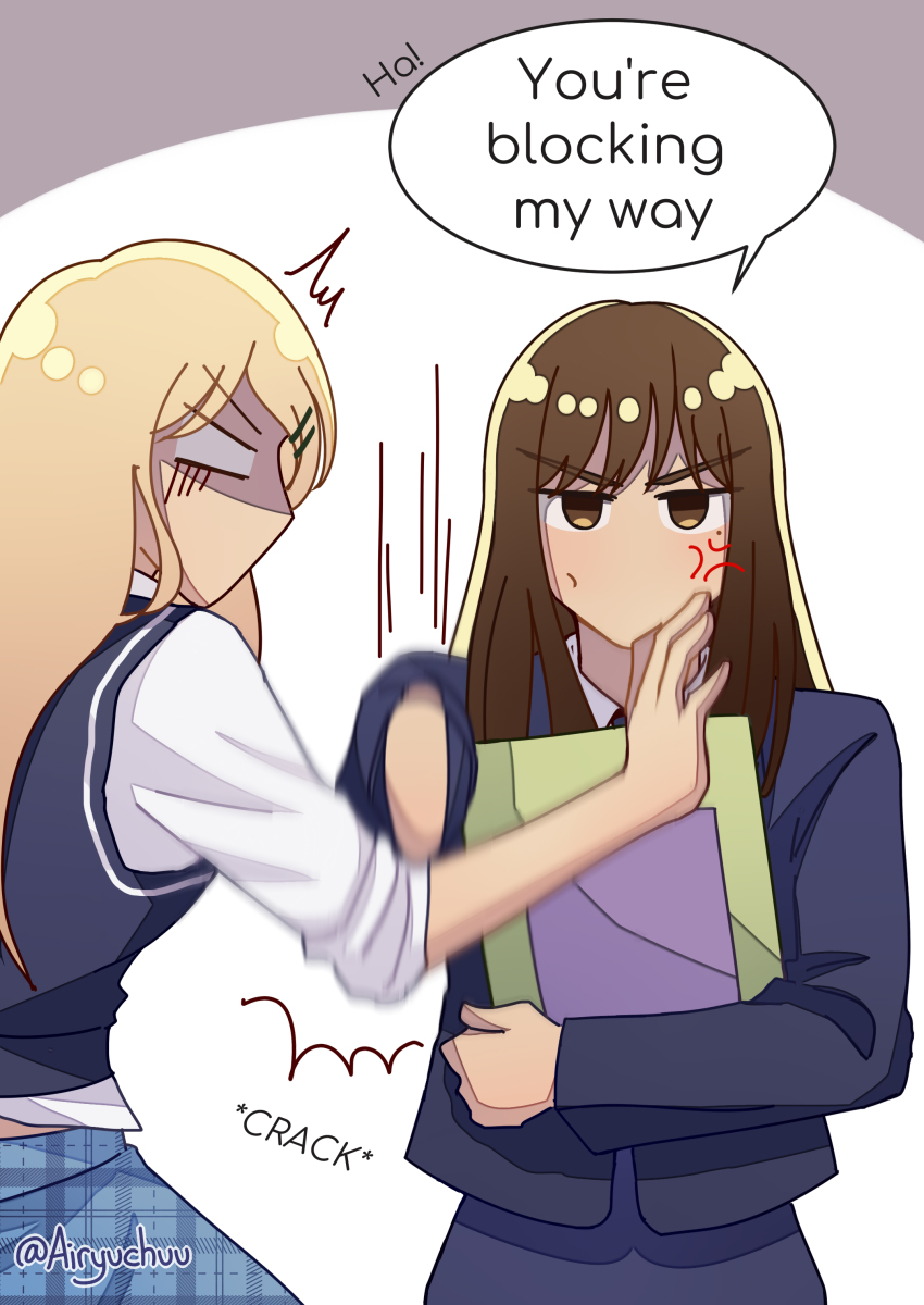 2girls, absurdres, anger_vein, black_jacket, black_skirt, blonde_hair, blue_skirt, book