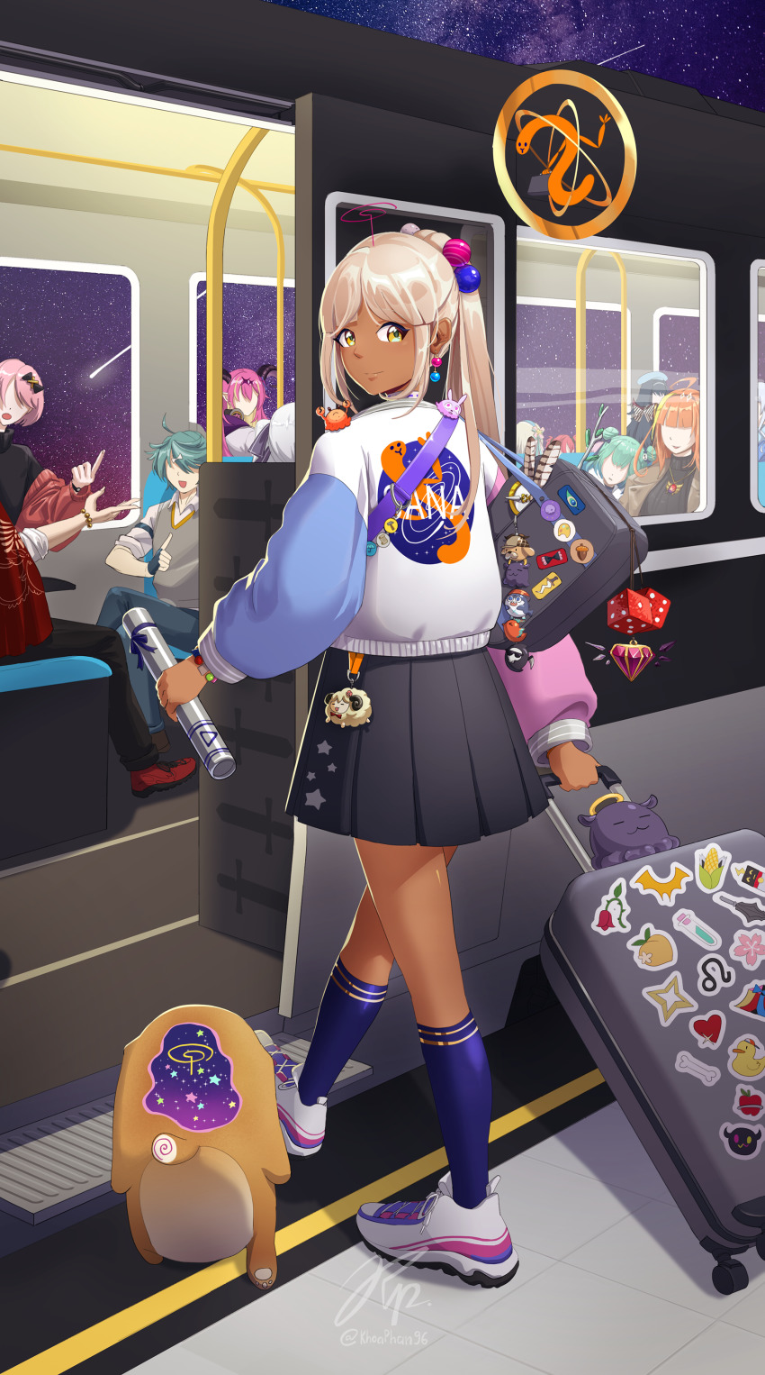 1boy, 6+girls, absurdres, artia, artist_name, bag, black_hair, black_skirt, bloop_(gawr_gura), blue_hairband, blue_socks, bubba_(watson_amelia), civia, clock, commentary, covered_eyes, dark-skinned_female, dark_skin, death-sensei_(mori_calliope), dice, doris_(hololive), earrings, emoji, english_commentary, feathers, from_behind, from_side, full_body, green_hair, hair_ornament, hairband, highres, hololive, hololive_china, hololive_english, holostars, jewelry, kagami_kira, kaniko_(tsukumo_sana), khoaphan96, kiryu_coco, kotori_(takanashi_kiara), leaning_on_person, light_brown_hair, limiter_(tsukumo_sana), long_hair, long_sleeves, looking_at_viewer, mano_aloe, multiple_girls, no_eyes, off_shoulder, over_shoulder, pearl_earrings, pink_hair, planet_hair_ornament, pleated_skirt, red_hair, red_sweater, rolling_suitcase, rosalyn_(hololive), sanallite_(tsukumo_sana), shoes, shoulder_bag, signature, skirt, smile, sneakers, socks, spade_echo, suitcase, sweater, swept_bangs, takodachi_(ninomae_ina'nis), train, train_station, train_station_platform, tsukishita_kaoru, tsukumo_sana, turtleneck, turtleneck_sweater, twintails, twitter_username, uruha_rushia, usaslug_(tsukumo_sana), very_long_hair, virtual_youtuber, walking, watch, white_footwear, wide_sleeves, bracelet, wristwatch, yakushiji_suzaku, yatagarasu_(tsukumo_sana), yellow_eyes, yogiri_(hololive)