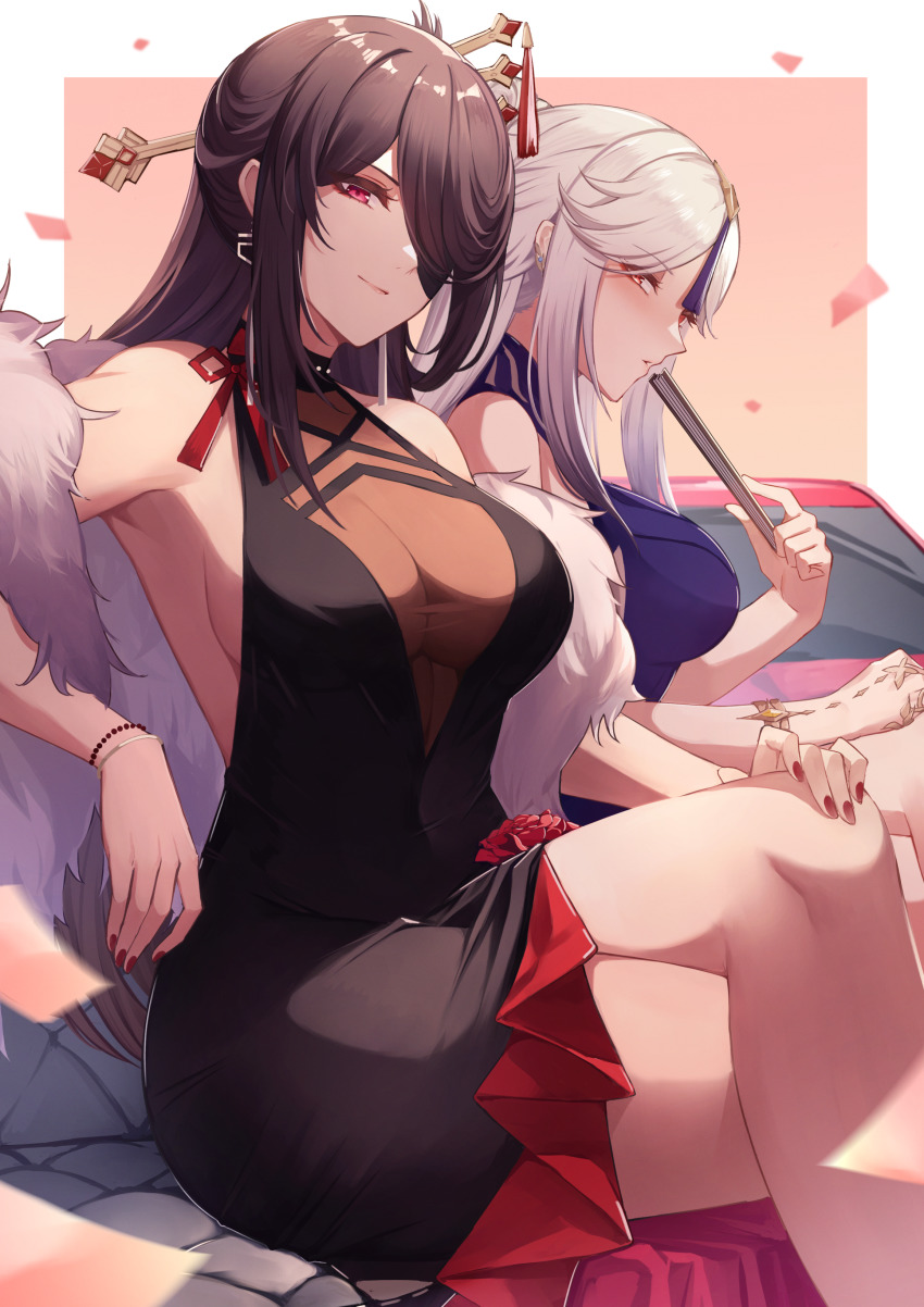 2girls, absurdres, backless_dress, backless_outfit, bare_shoulders, bead_bracelet, beads, beidou_(cadillac)_(genshin_impact), beidou_(genshin_impact), black_dress, blue_dress, blush, border, bracelet, breasts, brown_hair, closed_mouth, commentary_request, crossed_legs, dress, eyepatch, falling_petals, feather_boa, feet_out_of_frame, folding_fan, genshin_impact, hair_ornament, hair_over_one_eye, hair_stick, hand_fan, highres, holding, holding_fan, jewelry, large_breasts, long_hair, looking_at_viewer, multiple_girls, nail_polish, ningguang_(genshin_impact), ningguang_(orchid's_evening_gown)_(genshin_impact), parted_bangs, parted_lips, petals, pnatsu, profile, red_eyes, red_nails, short_dress, sideboob, sidelocks, sideways_glance, sitting, sleeveless, sleeveless_dress, smile, tassel, tassel_hair_ornament, thighs, white_border, white_hair