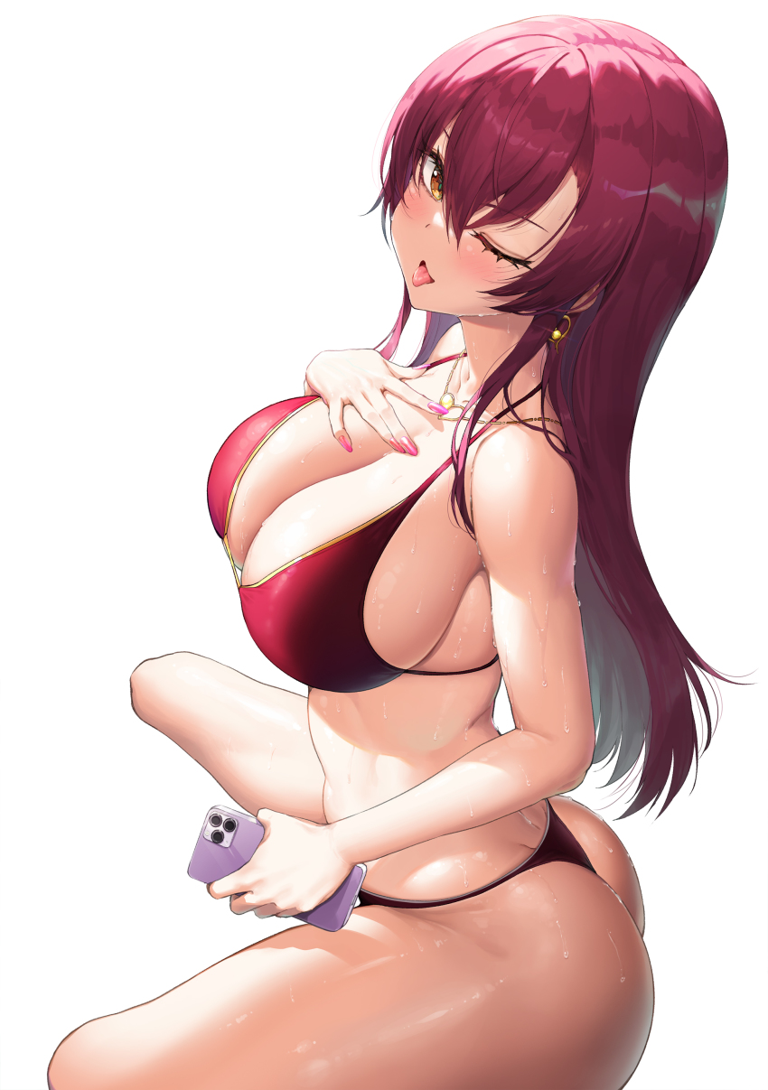 1girl, :p, absurdres, ass, bikini, breasts, cellphone, earrings