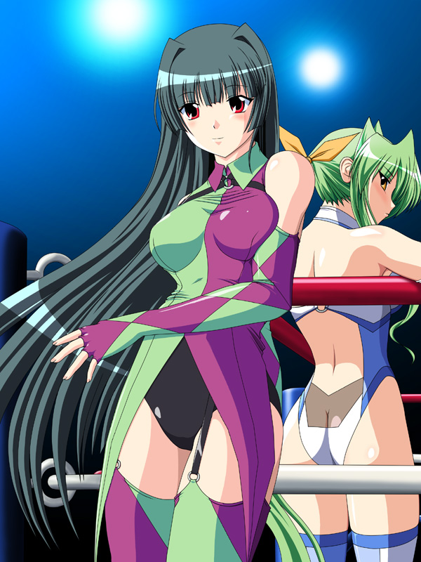 2girls, black_hair, boots, butt_crack, cleavage_cutout, clothing_cutout, elbow_gloves, fingerless_gloves, gloves, green_hair, himuro_shizuku, latex, leotard, long_hair, multiple_girls, noppo-san, ponytail, red_eyes, ribbon, sakurai_chisato, thigh_boots, thighhighs, wrestle_angels, wrestle_angels_survivor, wrestle_angels_survivor_2, wrestling_ring, yellow_eyes