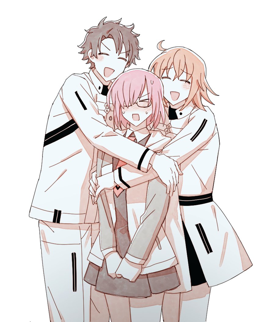 >_<, 1boy, 2girls, ahoge, black-framed_eyewear, black_dress, black_hair, black_skirt