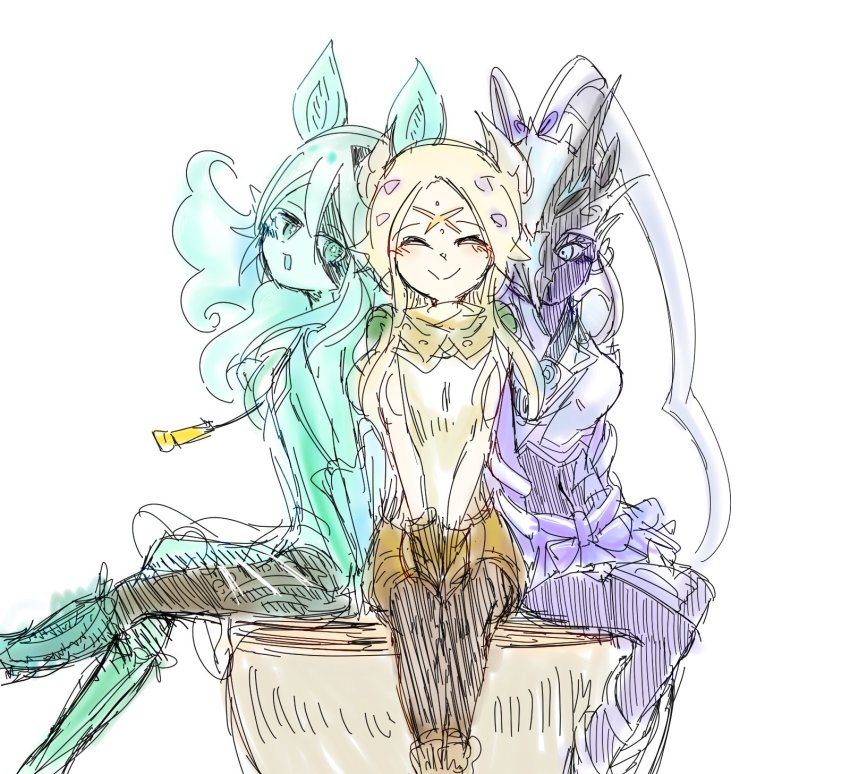 3girls, artist_name, black_thighhighs, blonde_hair, blue_eyes, blue_hair, blue_skin, bodysuit, colored_skin, ecclesia_(yu-gi-oh!), ecclesia_the_virtuous_of_white, happy, helmet, highres, icejade_acti, jewelry, long_hair, monster_girl, multiple_girls, necklace, sitting, slime_girl, swordsoul_of_mo_ye, thick_thighs, thighhighs, thighs, white_background, white_hair, yu-gi-oh!