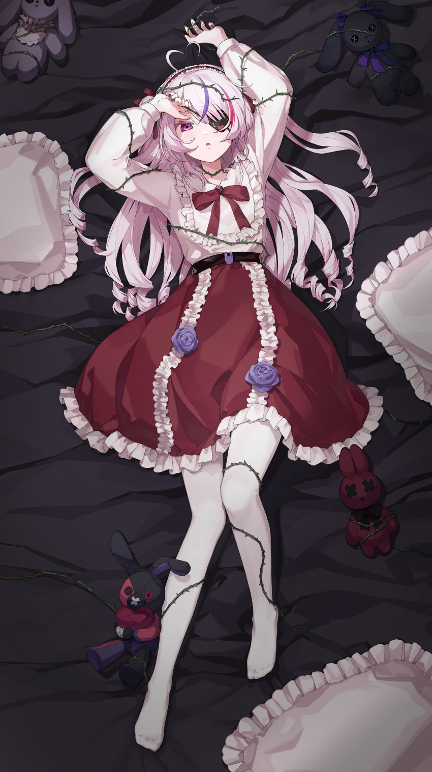 1girl, absurdres, ahoge, alternate_costume, blue_flower, blue_rose, blush, bow