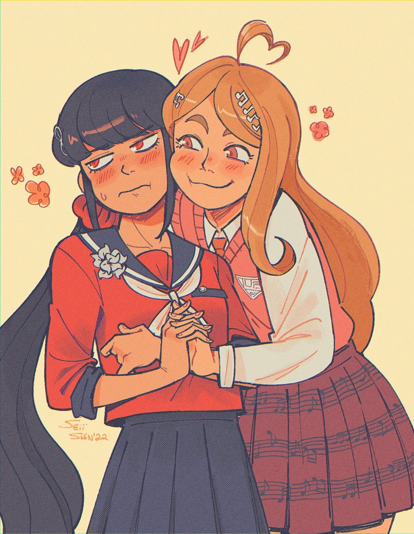 2girls, :3, ahoge, akamatsu_kaede, black_sailor_collar, black_skirt, blonde_hair, blush, breast_pocket, brown_background, brown_skirt, collarbone, danganronpa_(series), danganronpa_v3:_killing_harmony, fortissimo, hair_ornament, harukawa_maki, heart, heart_ahoge, highres, holding_hands, long_hair, long_sleeves, looking_at_another, mole, mole_under_eye, multiple_girls, musical_note, musical_note_hair_ornament, pink_vest, pleated_skirt, pocket, red_eyes, red_scrunchie, red_shirt, sailor_collar, scrunchie, seiishin, shirt, sideways_glance, simple_background, skirt, smile, vest, white_shirt, yuri