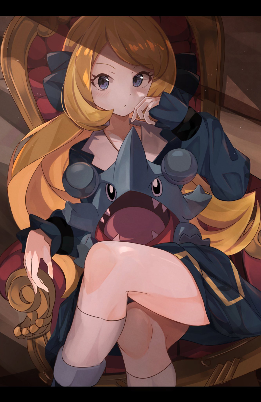 1girl, aged_down, blonde_hair, chair, crossed_legs, cynthia_(pokemon), gen_4_pokemon, gible, grey_eyes, highres, long_hair, nintendo, official_alternate_costume, pokemon, pokemon_(anime), pokemon_(creature), pokemon_jn122, pokemon_journeys, sitting, umiru, very_long_hair, wavy_hair