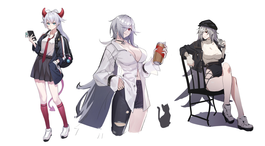 2girls, aged_up, ahoge, alternate_costume, alternate_hairstyle, asymmetrical_clothes, asymmetrical_pants, backpack