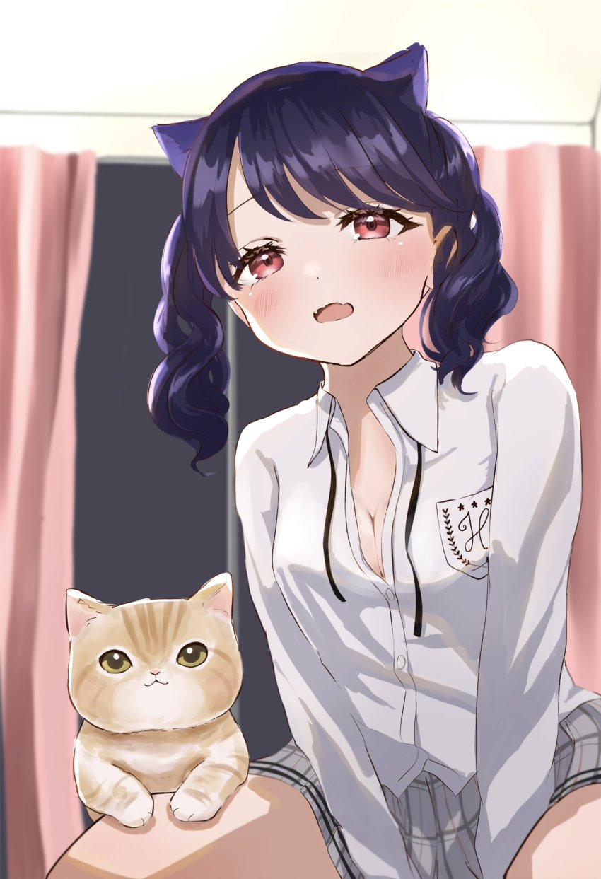 1girl, animal_ears, blue_hair, blush, breasts, cat, cat_ears, cleavage