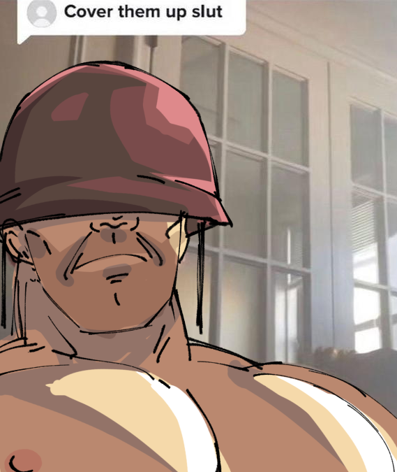 1boy, covered_eyes, english_text, frown, helmet, helmet_over_eyes, pectorals, soldier_(tf2)