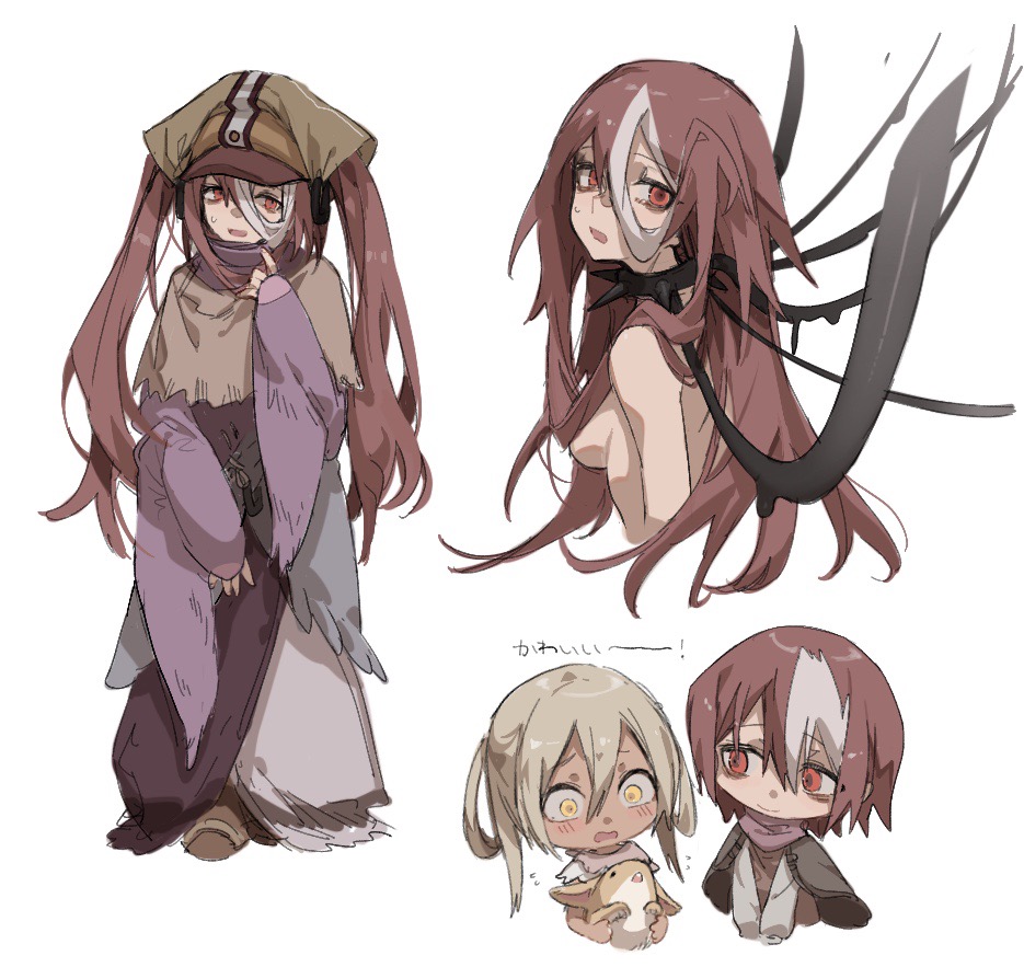 2girls, blush, brown_capelet, brown_footwear, brown_headwear, capelet, chibi, chibi_inset, collar, creature, cropped_torso, flying_sweatdrops, full_body, hair_between_eyes, hair_rings, hand_up, holding, holding_creature, irumyuui, long_hair, long_sleeves, looking_at_another, looking_at_viewer, made_in_abyss, multicolored_hair, multiple_girls, multiple_views, nude, open_mouth, red_eyes, red_hair, restrained, short_hair, simple_background, sleeves_past_wrists, smile, snowcake47, spiked_collar, spikes, standing, sweatdrop, translated, twintails, two-tone_hair, v_arms, vueko, white_background, white_hair, yellow_eyes