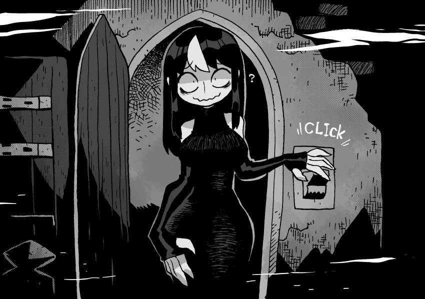 1girl, ?, absurdres, bags_under_eyes, bare_shoulders, breasts, closed_mouth, commentary, count_orlok, dark, dress, greyscale, highres, large_breasts, light_switch, long_dress, long_hair, looking_at_viewer, monochrome, multicolored_hair, nosferatu, nosferatu_eine_symphonie_des_grauens, noss_(rariatto), open_door, original, parody, rariatto_(ganguri), redrawn, sanpaku, smile, solo, spongebob_squarepants_(series), streaked_hair, untranslatable_commentary, wavy_mouth, white_hair