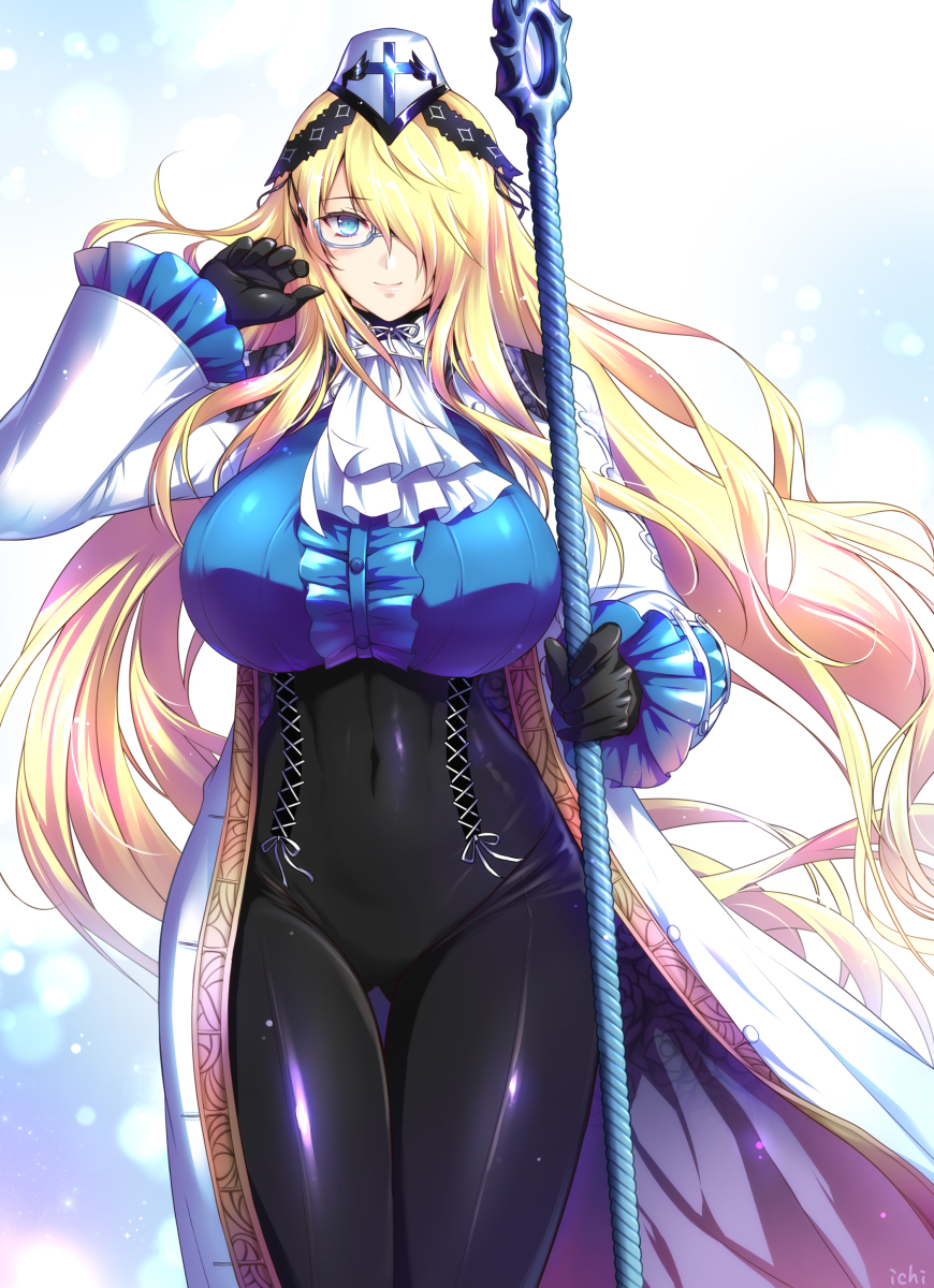 1girl, blonde_hair, bloodstained:_curse_of_the_moon, bloodstained:_curse_of_the_moon_2, bloodstained_(series), blue_eyes, dominique_(bloodstained), glasses, hair_over_one_eye, highres, ichijo_ahuro, looking_at_viewer, one_eye_covered, solo