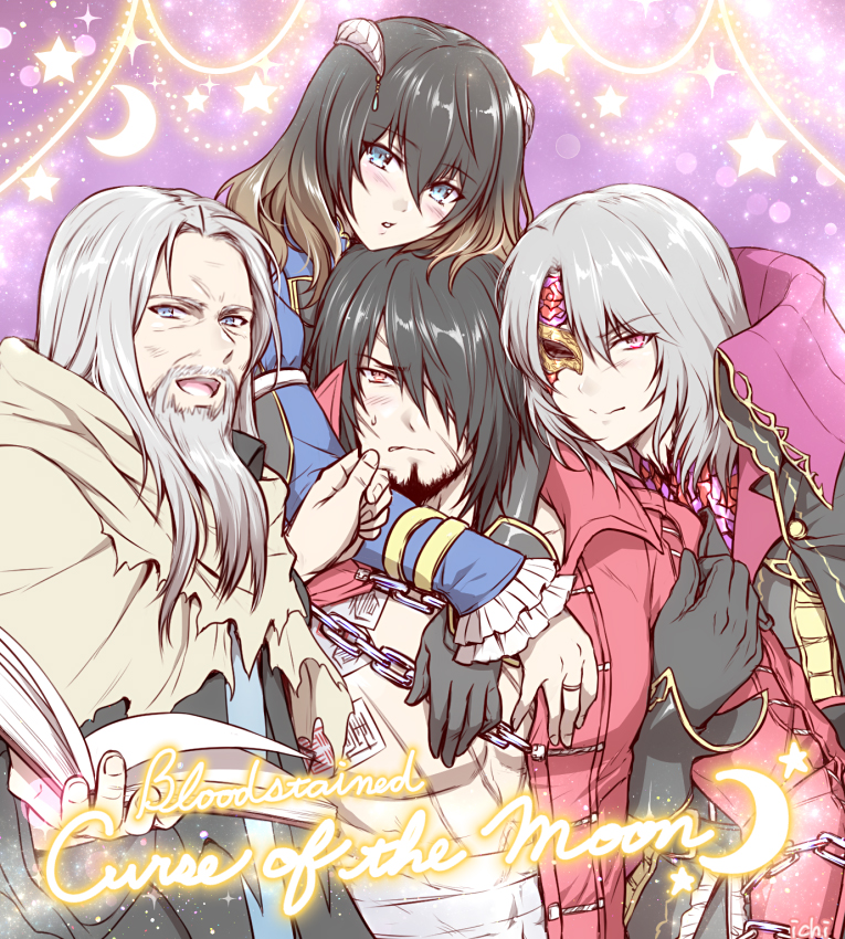 1girl, 3boys, alfred_(bloodstained), black_hair, bloodstained:_curse_of_the_moon, bloodstained_(series), brown_hair, gebel_(bloodstained)