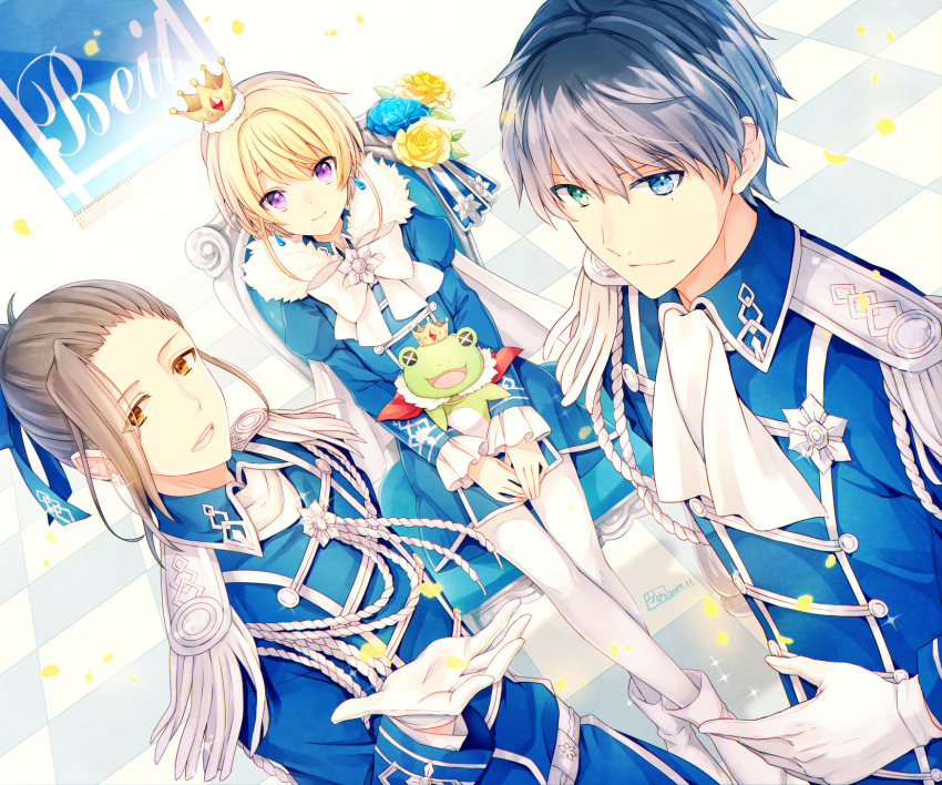 3boys, beit_(idolmaster), blonde_hair, blue_eyes, brown_hair, crown, earrings, flower