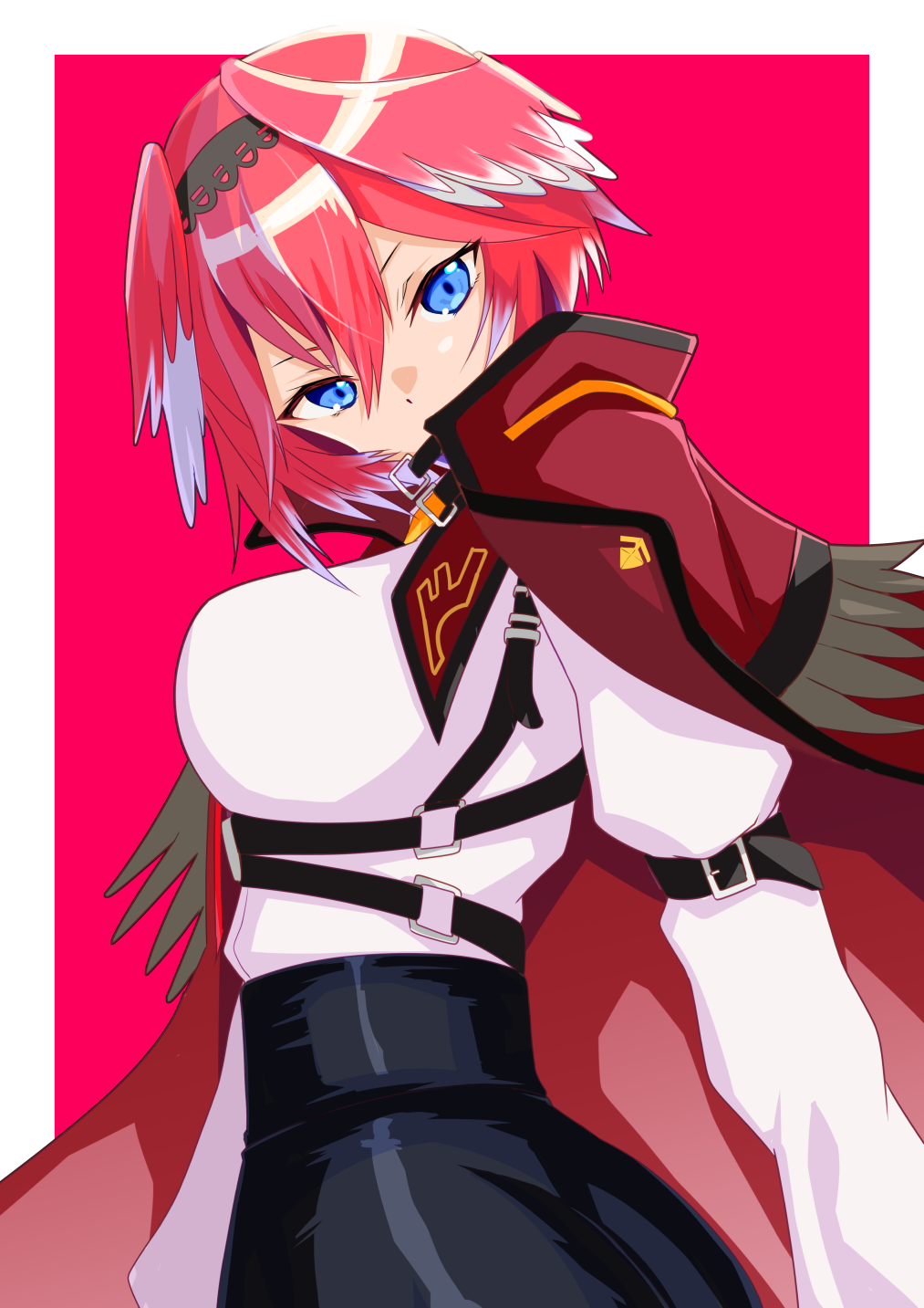 1girl, ass, black_hairband, blue_eyes, bob_cut, breasts, coat, coat_on_shoulders