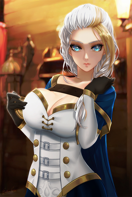 1girl, blue_eyes, braid, breasts, buttons, cape, cleavage, corset