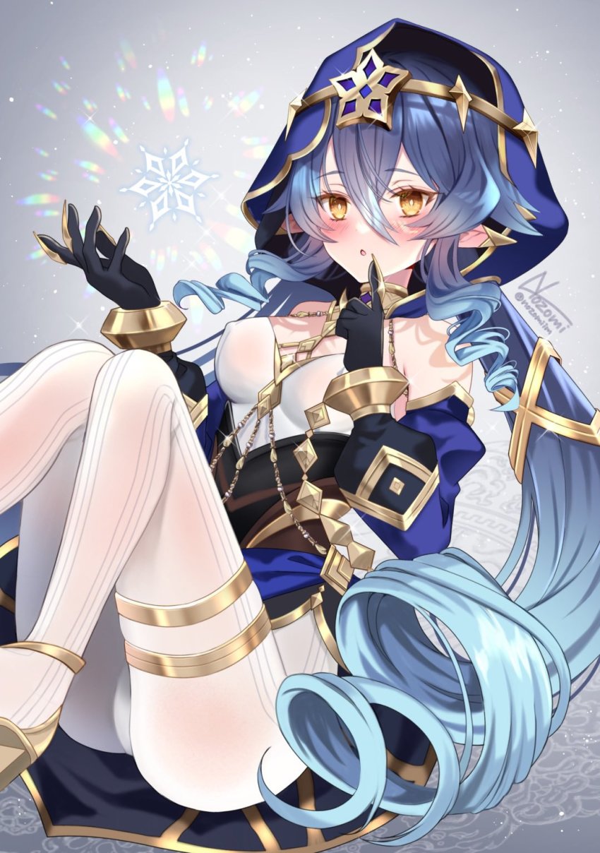 1girl, blue_hood, blush, breasts, claw_ring, drill_hair, drill_sidelocks, genshin_impact