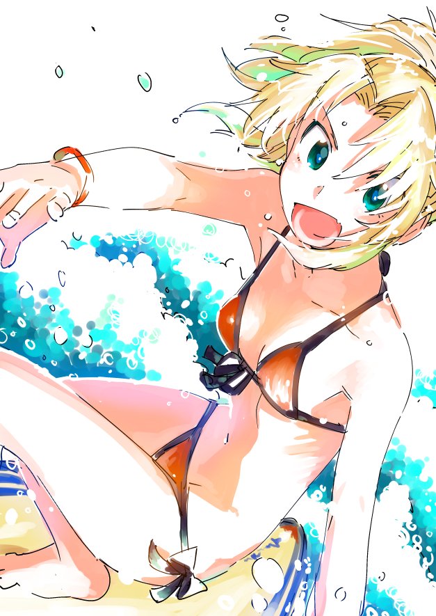 1girl, :d, aqua_eyes, barefoot, bikini, blonde_hair, bracelet, breasts