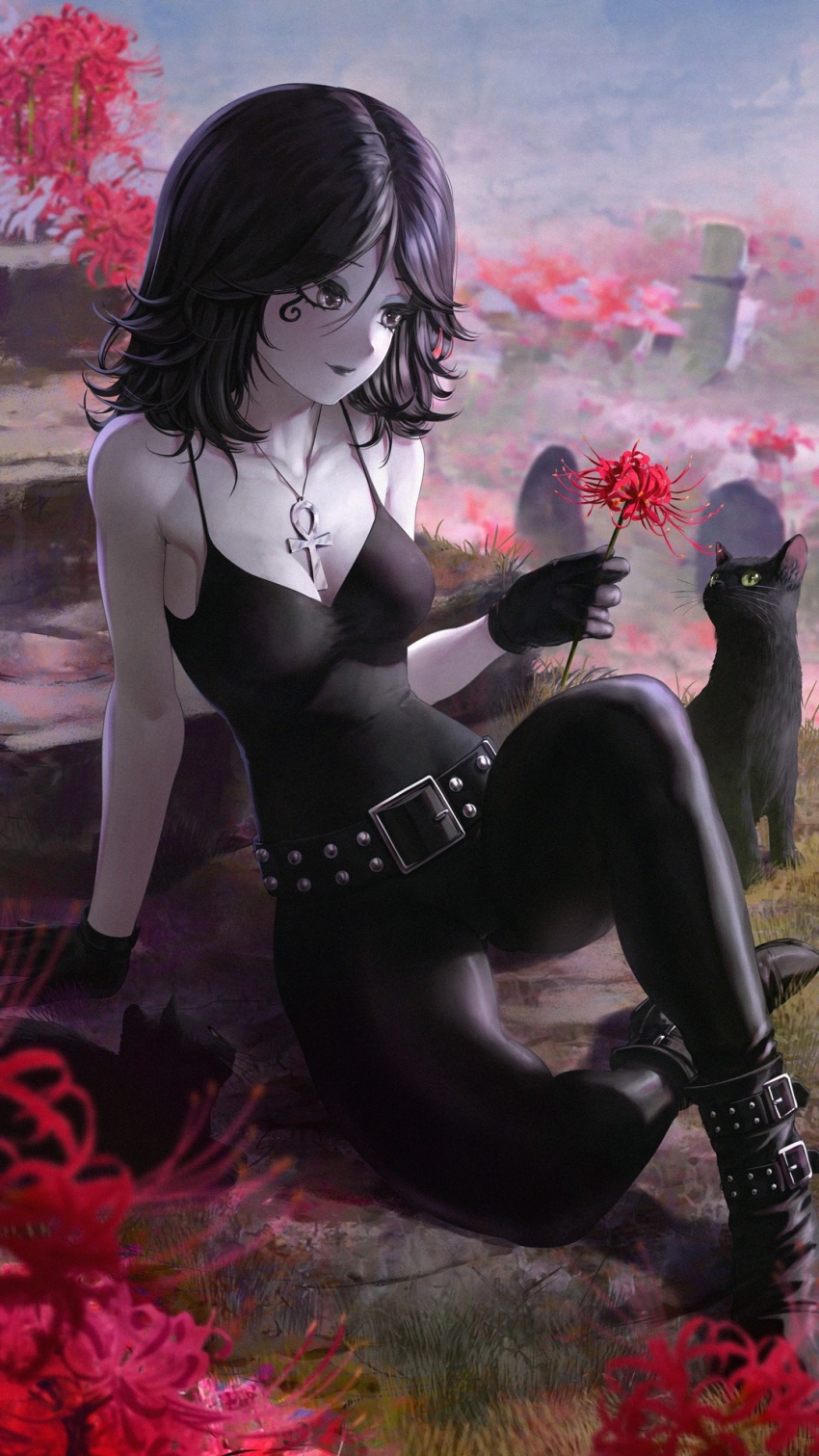 1girl, ankh, belt, black_cat, black_hair, black_tank_top, cat, death_of_the_endless, flower, goth_fashion, highres, nelsonnavarro, pale_skin, red_flower, skull, tank_top, the_sandman_(dc), tiger_lily, tombstone