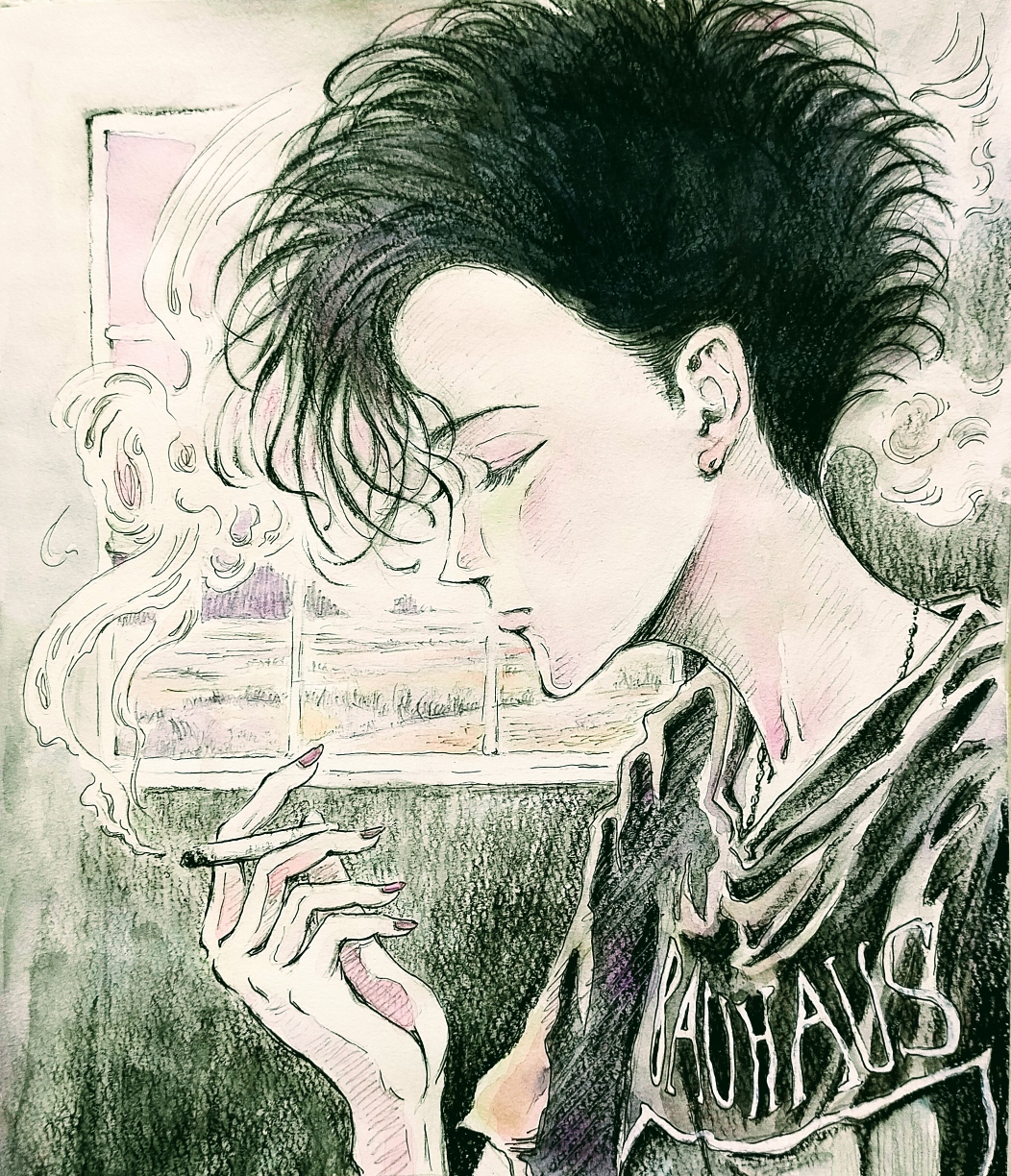 1boy, bauhaus_(band), black_hair, black_shirt, cigarette, goth_fashion, highres, holding, holding_cigarette, male_focus, mohawk, original, painting_(medium), shirt, smoking, solo_focus, traditional_media, user_atnh7487, watercolor_(medium)