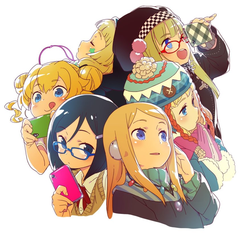 6+girls, :q, bespectacled, black_hair, blonde_hair, blue-framed_eyewear, blue_eyes, blush