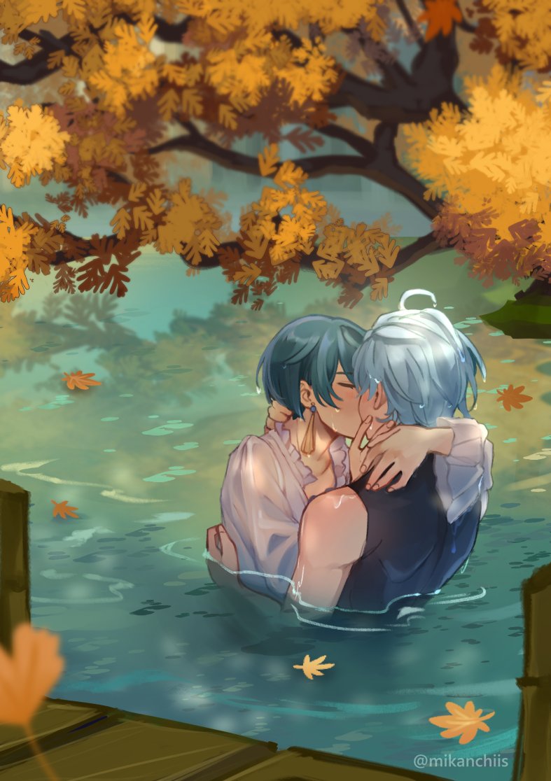 2boys, aged_up, autumn, bare_shoulders, bishounen, black_bodysuit, blue_hair, bodysuit, bridge, chongyun_(genshin_impact), closed_eyes, commentary, couple, day, earrings, english_commentary, faceless, faceless_male, floating, floating_object, french_kiss, genshin_impact, grabbing, hands_on_another's_face, hands_on_another's_waist, jewelry, kiss, lake, looking_at_another, male_focus, mikanchii, multiple_boys, outdoors, partially_submerged, reflection, reflective_liquid, single_earring, standing, tank_top, tassel, tassel_earrings, toned, toned_male, water, xingqiu_(genshin_impact), yaoi