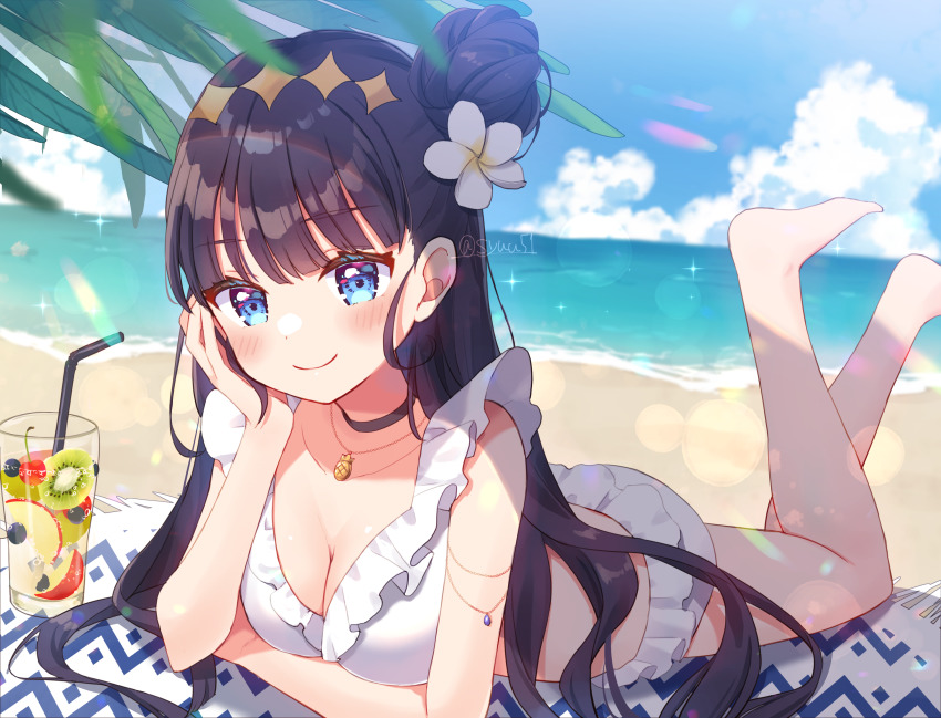 1girl, absurdres, beach, bikini, black_hair, blue_eyes, blue_sky, breasts