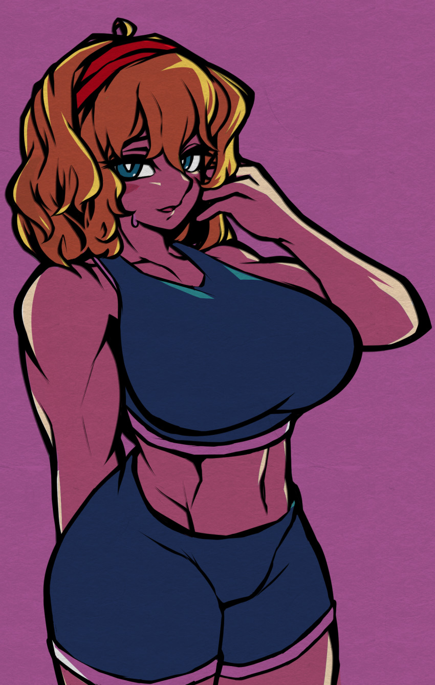 1girl, alice_margatroid, arm_behind_back, blonde_hair, blue_eyes, blue_shorts, blue_sports_bra, blush, breasts, bright_pupils, commentary_request, cookie_(touhou), cowboy_shot, hair_between_eyes, hairband, highres, jijii_(nicoseiga91467756), large_breasts, looking_at_viewer, medium_hair, midriff, muscular, muscular_female, navel, open_mouth, parody, purple_background, red_hairband, sakuranbou_(cookie), scotch_(cookie)_(style), shorts, simple_background, smile, solo, sports_bra, style_parody, touhou, white_pupils